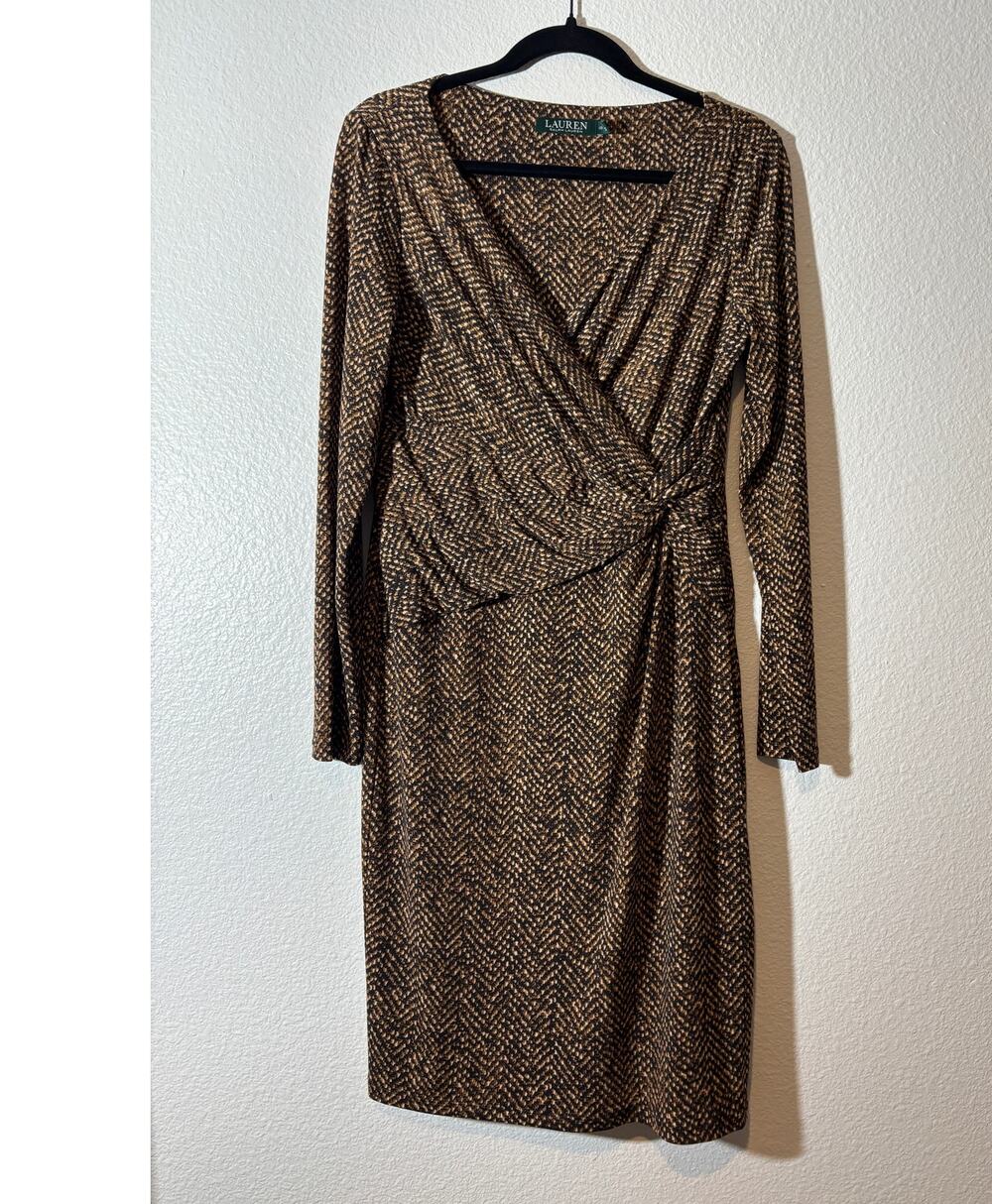 Lauren Ralph Lauren Size 10 Brown Snakeskin Print Faux-Wrap Long Sleeve Dress